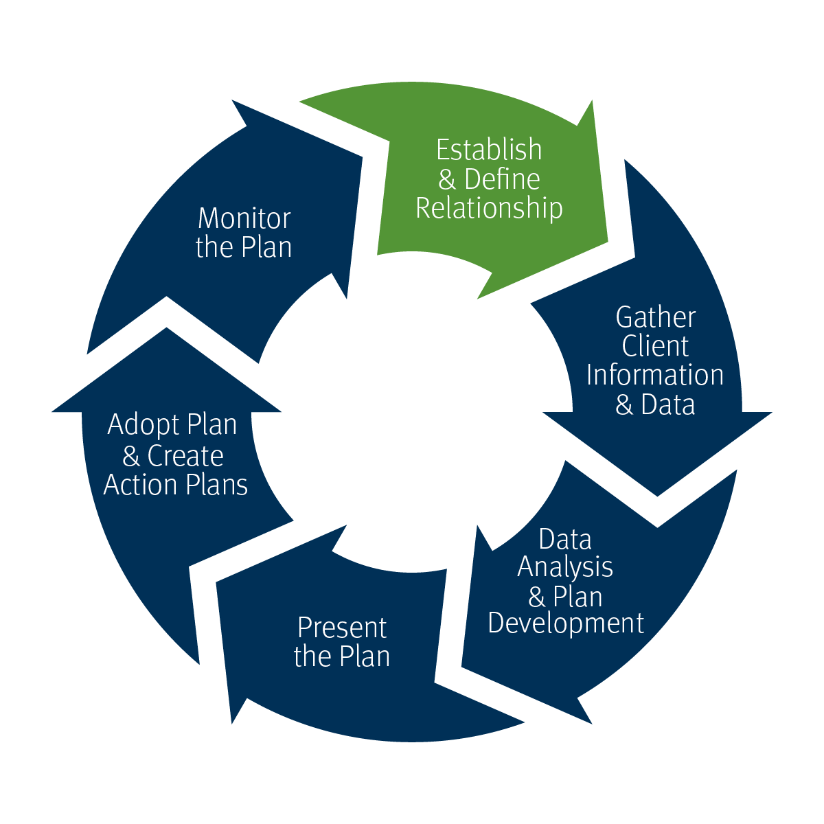 Our process wheel: Establish and define relationship, Gather client information and data, Data Analysis and plan development, Present the plan, Adopt plan and create action plans, Monitor the plan
